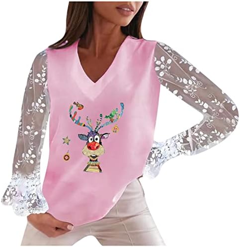 נשים של צוואר תחרה ארוך שרוול חולצה חג המולד איל צבע בלוק סוודר חולצות אופנה מצחיק חג סווטשירט