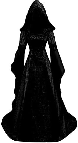 צפוטים שמלת וינטג ' לנשים, רטרו שמלת תחפושת רנסנס מימי הביניים קוספליי מעל שמלה שרוול חצוצרה חלוק מכשפה עם ברדס חתונה מימי הביניים שמלת