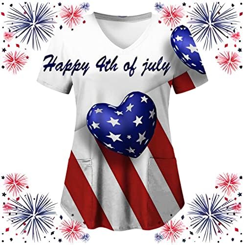 4 ביולי חולצות לנשים דגל אמריקאי קיץ שרוול קצר חולצות עם 2 כיסים חולצות בגדי עבודה מזדמנים לחג
