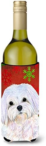 האוצרות של קרוליין 4689 ליטרק מלטזית פתיתי שלג אדומים וירוקים חג המולד בקבוק יין מחבק, בקבוק שרוול מצנן מחבק מכונת כביסה מתקפל מבודד משקאות
