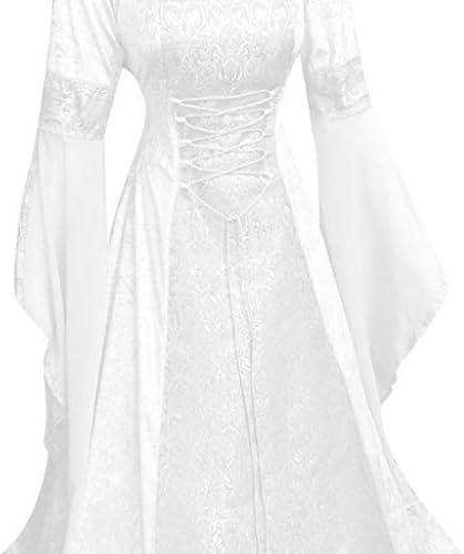 צפוטים שמלת וינטג ' לנשים, רטרו שמלת תחפושת רנסנס מימי הביניים קוספליי מעל שמלה שרוול חצוצרה חלוק מכשפה עם ברדס חתונה מימי הביניים שמלת